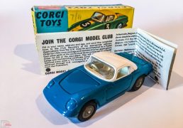 Corgi No.319 Lotus Elan Coupe - blue body, white hood, cream interior, detachable chassis with cast hubs