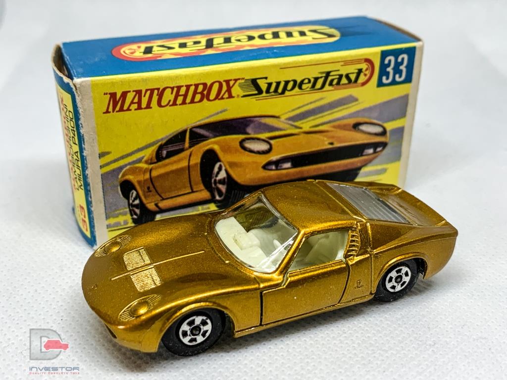 1-75 Series Superfast issues MATCHBOX Superfast 33A Lamborghini Muira Gold / Ivory Int / Thin Wheels / Unpainted Base / Made in England