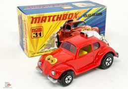 Matchbox Superfast No.31B Volksdragon – red body with yellow interior, “eyes” label, purple glass – Mint including type I box.