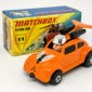 Matchbox Superfast 11b VW Beetle Flying Bug Dragster Roman Numeral issue – orange body with black & white hood tampo print, black windows & jet engines, gloss black “No.IV Flying Beetle” base – Mint in Mint type I box without “New”.