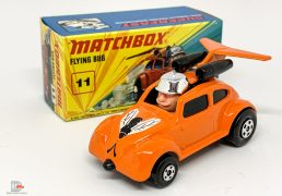 Matchbox Superfast 11b VW Beetle Flying Bug Dragster Roman Numeral issue – orange body with black & white hood tampo print, black windows & jet engines, gloss black “No.IV Flying Beetle” base – Mint in Mint type I box without “New”.