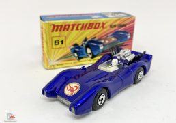 Matchbox Superfast 61a Blue Shark – metallic dark blue body with Scorpion nose label, clear windscreen, bare metal base, 4-spoke wide wheels – Near Mint in Mint “New” type I box.