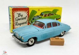 Corgi 238 Jaguar Mark X - light blue, red interior, silver trim, spun hubs, with luggage case - Good Plus some rubbing to raised edges still a lovely bright example that looks much better in the hand. In a Good Plus blue and yellow carded picture box.