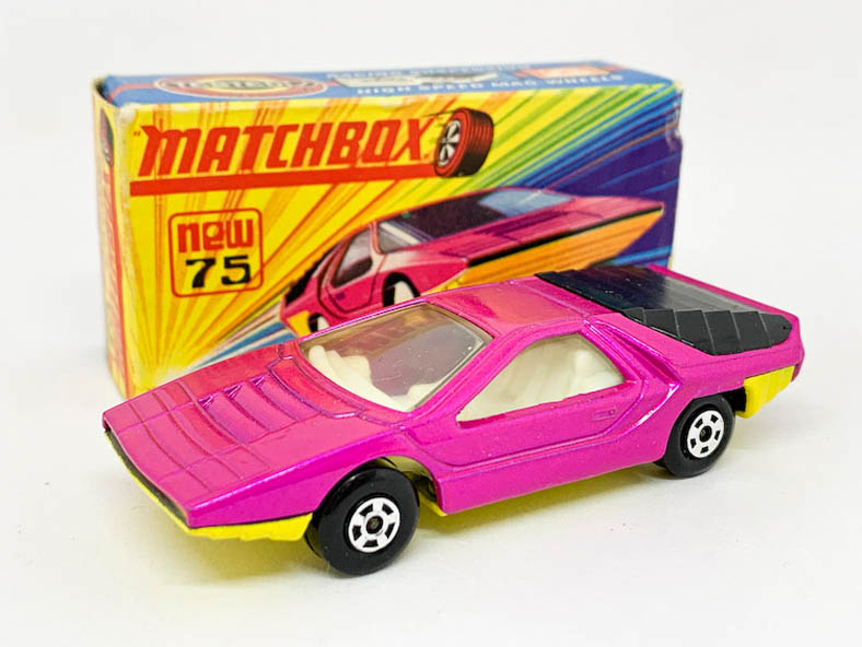 Matchbox Superfast 75b Alfa Carabo - metallic candy pink body, clear windows, ivory interior, rare bare metal base, 5-spoke wheels - Excellent Plus (base tarnished) in Mint type H box with "New".