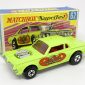 Matchbox Superfast No. 62 Mercury Cougar Rat Rod Dragster - lime green body, clear windows, red interior, bare metal base, 4-spoke wide rear wheels - Good Plus in Good  (one end side flap missing, creases) 