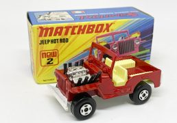 Matchbox Superfast No.2b Jeep Hot Rod - red body, pale yellow interior, white base, 4-spoke wheels - Virtually mint in generally mint type H box with "new".