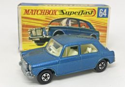 Matchbox Superfast No.64a MG 1100 Saloon - metallic blue body, clear windows, ivory interior, bare metal base, small diameter 5-spoke narrow wheels - Near Mint to Mint in Excellent "New" type G box.