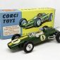 Corgi 155 Lotus Climax Formula 1 Racing Car - green, spun hubs, yellow and white racing number 1 bonnet stripe, figure driver - Excellent Plus in a Excellent Plus blue and yellow carded picture box - nice bright example.