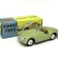 Corgi No.305 Triumph TR3 Sports Car - light olive green, red seats, smooth cast hubs (Reproduction Steering wheel) - Very near Mint in Good Plus blue and yellow card box, some discoloration and writing.