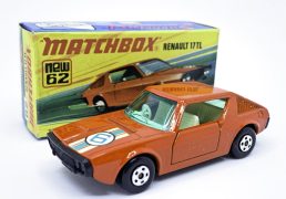 Matchbox Superfast No.62c Renault 17 TL - burnt orange body with racing No.9 hood label, green windows, ivory interior, matt black base, 5-spoke wheels - Excellent Plus in Excellent "New" type I box.